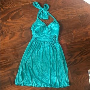 Teal halter dress w/ bubble bottom + floral detail